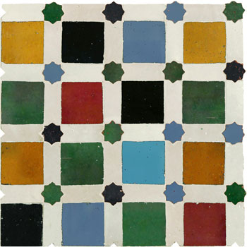 Mosaic House Moroccan tile Alhambra Hippi 16-6-2-10-7-8-23-1 Gold Black Light Blue Green Red Ochre Turquoise White  zellige, mosaic, zellij, field, pattern, glaze, stars 